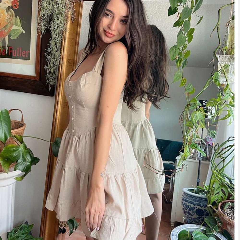 Linen-Blend Corset Button Tiered Mini Dress